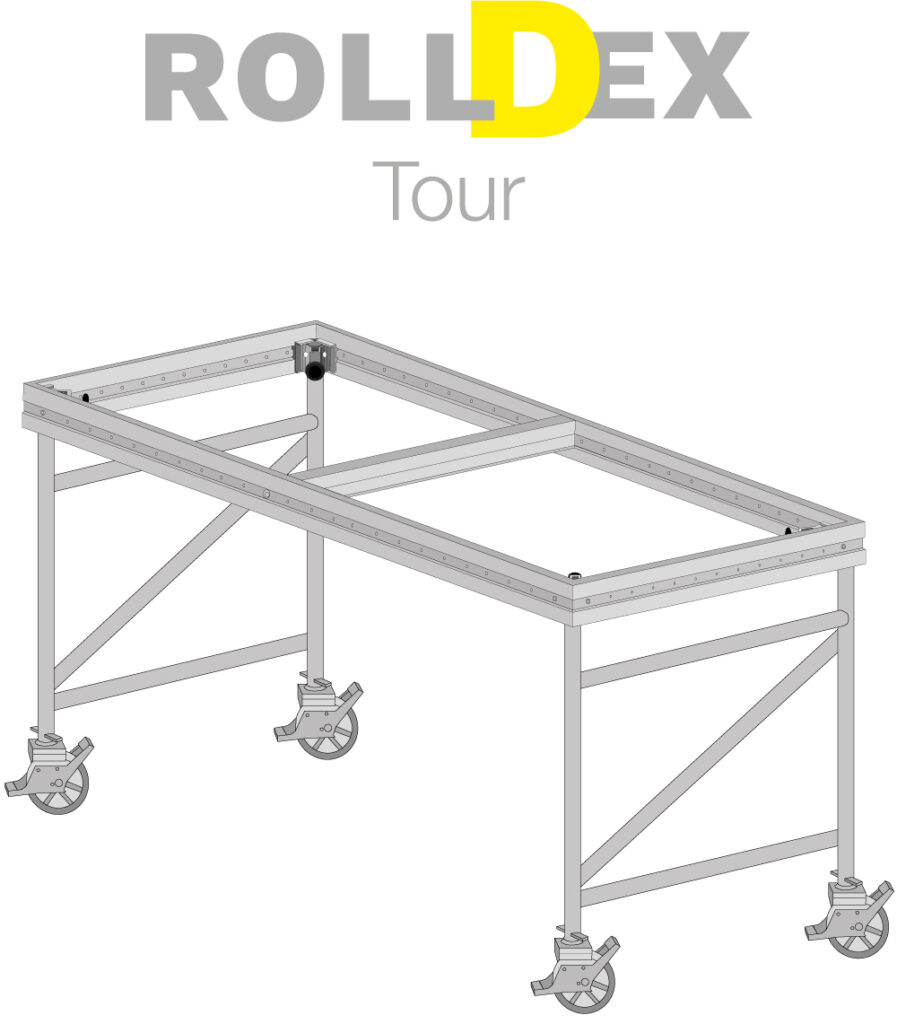 Ein fahrbarer grauer Metalltisch mit Rollensystem und auffälligem gelbem D im Logo